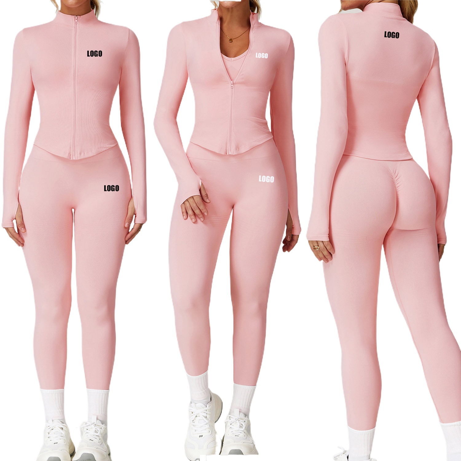 Pilates Yoga Gear - カスタムロゴ入りレディースシームレスヨガスポーツウェア、糸入りウエスト＆ヒップフィットネスウェア、ツーピースセット