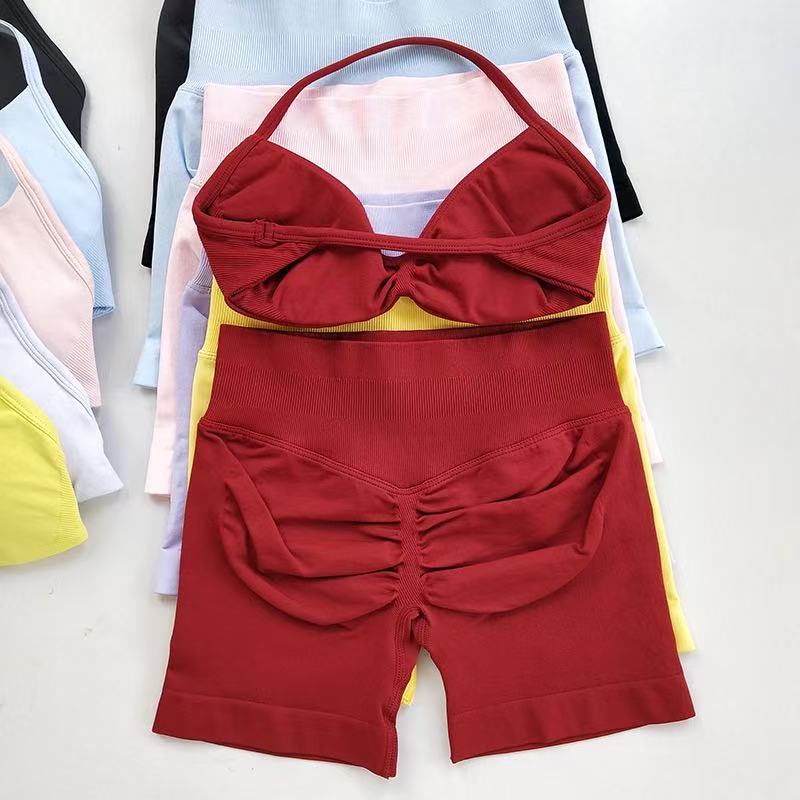 Pilates Yoga Gear - HISTELLO スポーツセットピース女性ストラップ付きジムヨガブラトレーニングスクランチショーツフィットネススポーツスーツ服シームレスヨガセット