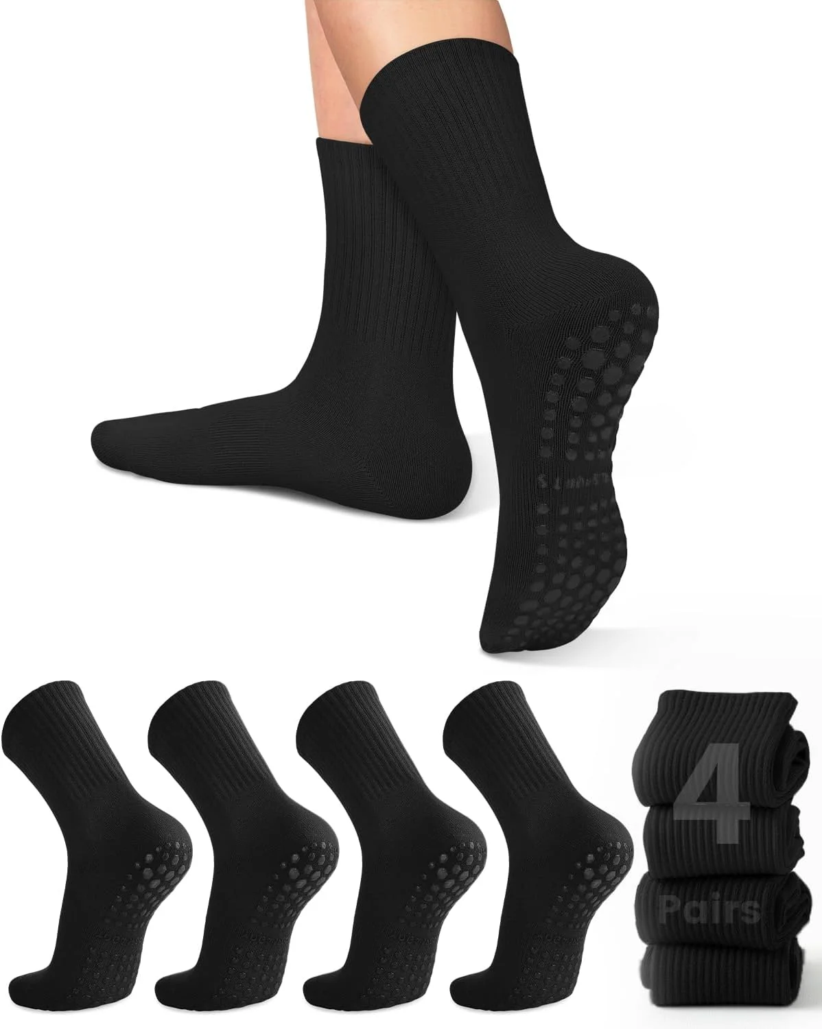 Pilates Yoga &A - 女性用ヨガソックス4足、ソリッドカラーのミッドソール滑り止めグリップ付きヨガピラティスバレエソックス