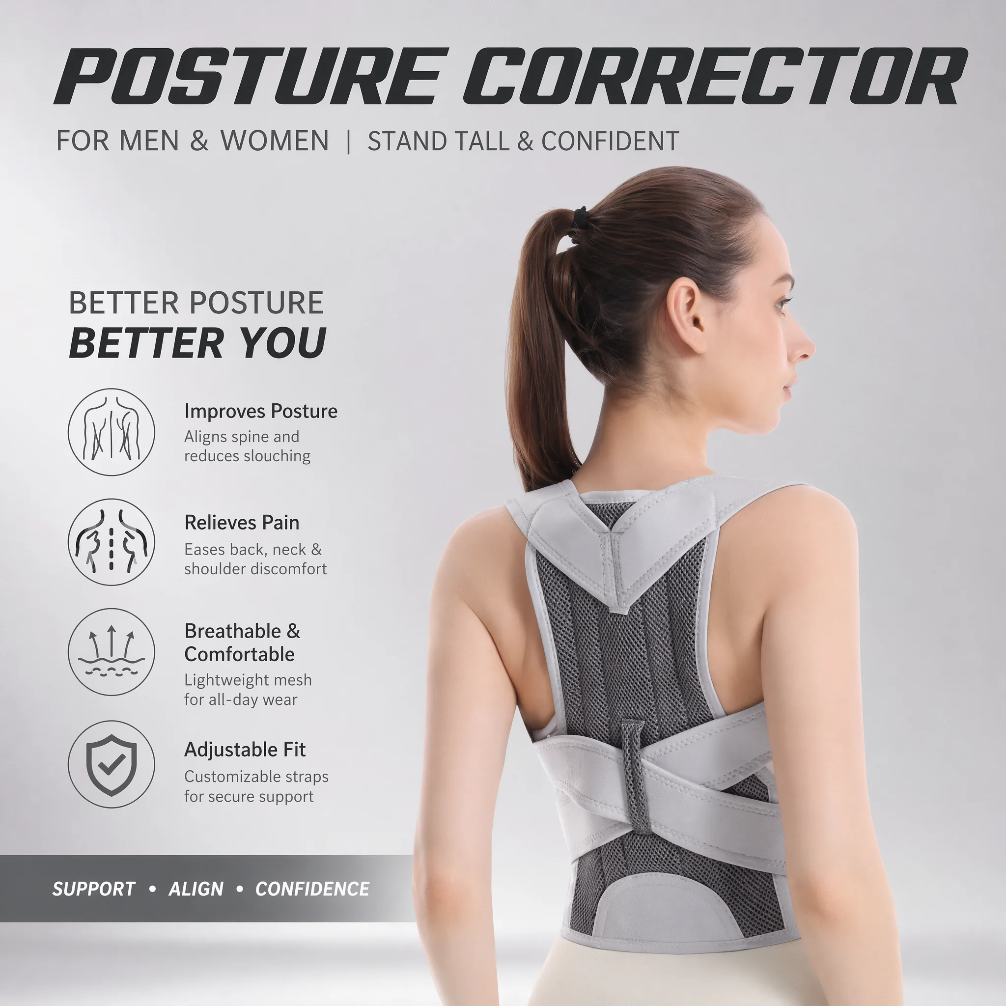 Posture Pole Corrector - 新デザインの猫背矯正ベルト、上背部ストラップブレース、肩姿勢矯正器、脊柱側弯症脊椎サポート、腰椎整形外科ベルト
