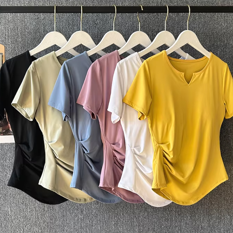 Pilates Yoga Gear - 女性用ヨガウェア 夏用ピラティストレーニングフィットネストップ 高級スポーツランニングセット 半袖速乾Tシャツ