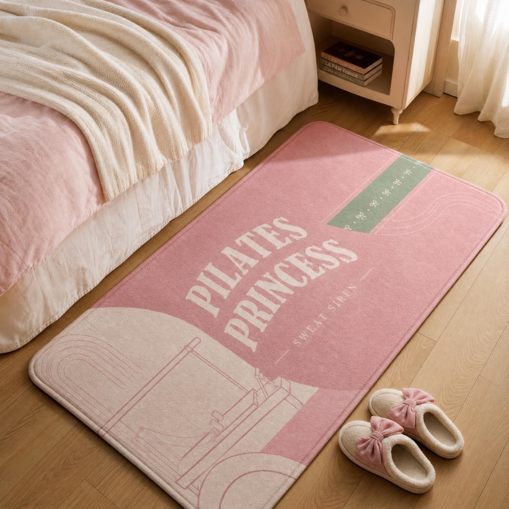 Pilates Yoga Garage - ソフトフランネル長方形フロアラグピンクピラティスアートプリント滑り止めロングベッドサイドマットミニマルコケットヨガルームデコレーション